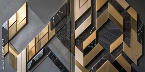 Geometric wall panel with gold, black marble, and gray elements in a modern design