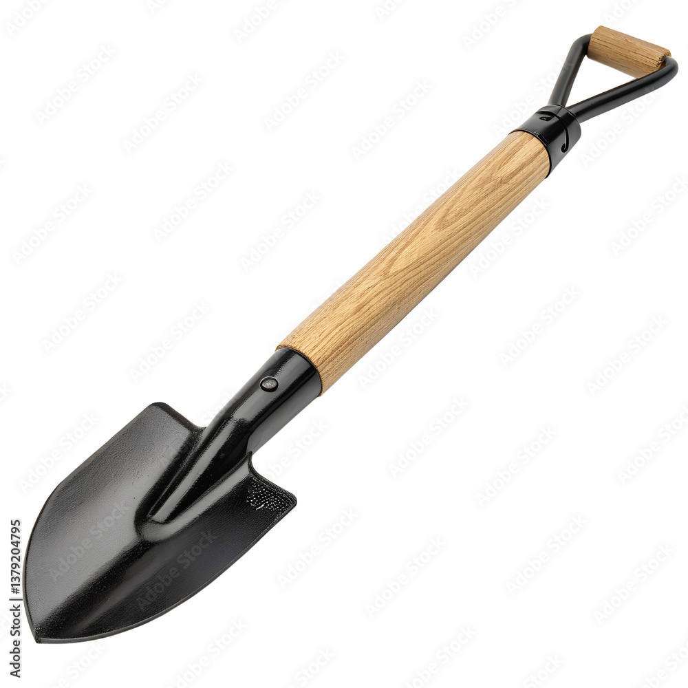 Wooden handled garden spade with metal blade on clear bg Wooden handled garden spade with metal blade on clear bg