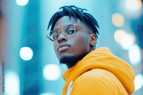 Stylish young man in yellow hoodie with glasses standing in urban area with vibrant city lights and colorful background

