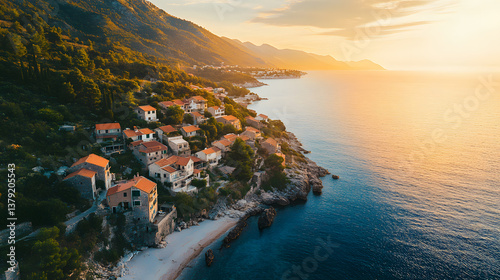 Drone Shot of Old Coastal Village Surrounded by Nature at Golden Hour