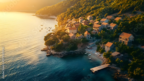 Drone Shot of Old Coastal Village Surrounded by Nature at Golden Hour