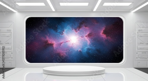 Futuristic product display with a space view in 3D vector podium background