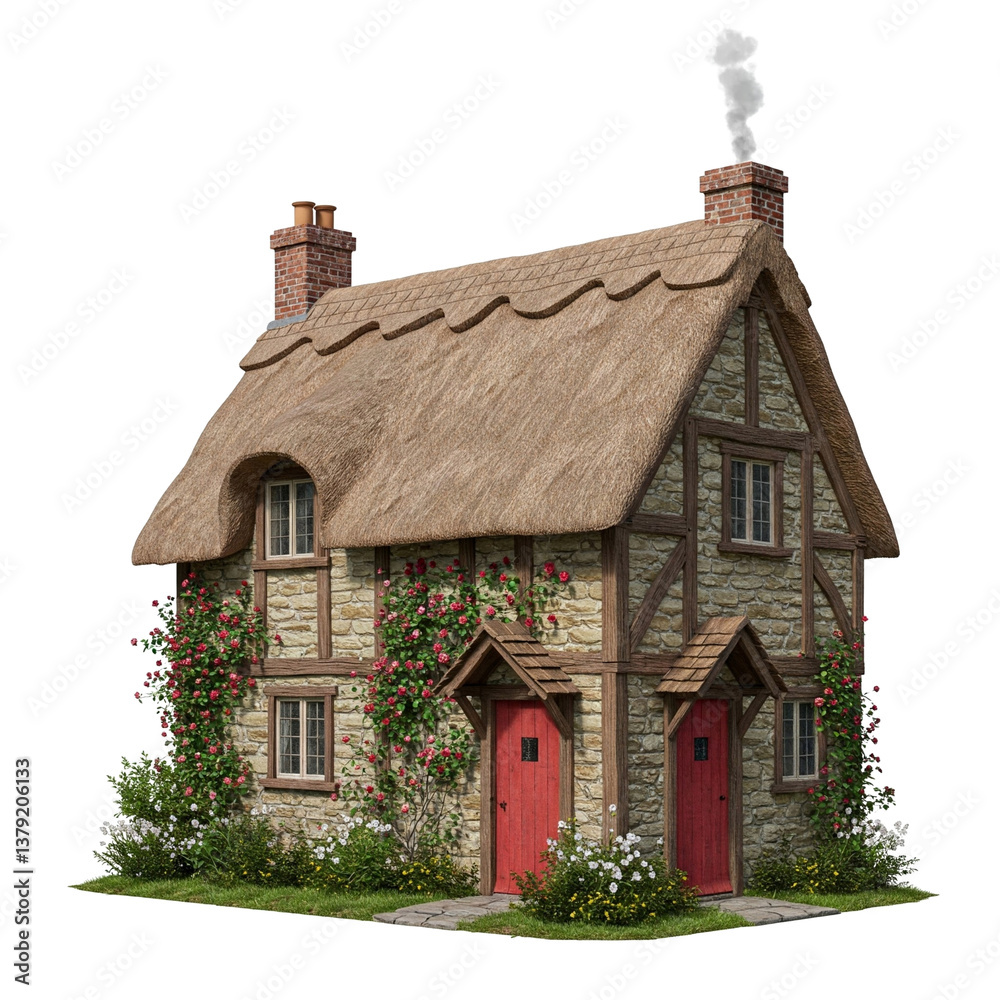 Fototapeta premium Medieval Thatched Roof Cottage. clipart isolated on transparent background.