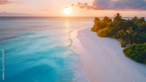 Drone Shot of White Sand Beach with Transparent Water and Lush Nature at Golden Hour