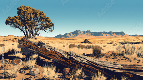 Namibia's petrified wood: ancient tree trunks echo in desert portraits. Shadowed Echo. Illustration