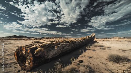 Namibia's petrified wood: ancient tree trunks echo in desert portraits. Shadowed Echo. Illustration