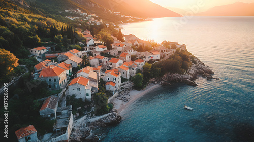 Drone Shot of Old Coastal Village Surrounded by Nature at Golden Hour