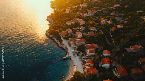 Drone Shot of Old Coastal Village Surrounded by Nature at Golden Hour