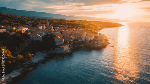 Drone Shot of Old Coastal Village Surrounded by Nature at Golden Hour