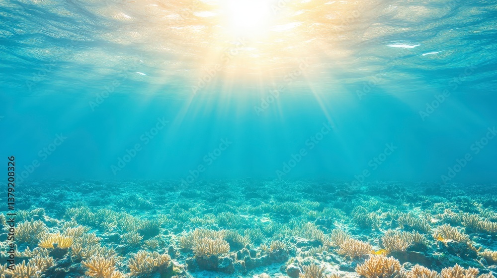 Fototapeta premium Underwater scene showcasing coral reefs illuminated by sunlight filtering through the water surface.