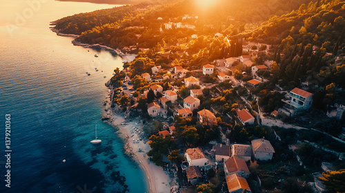 Drone Shot of Old Coastal Village Surrounded by Nature at Golden Hour