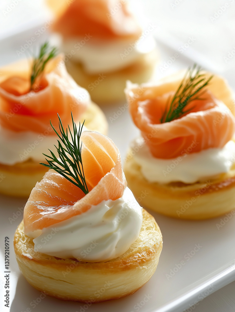 Delicious smoked salmon appetizers with cream cheese and dill on pastry bases