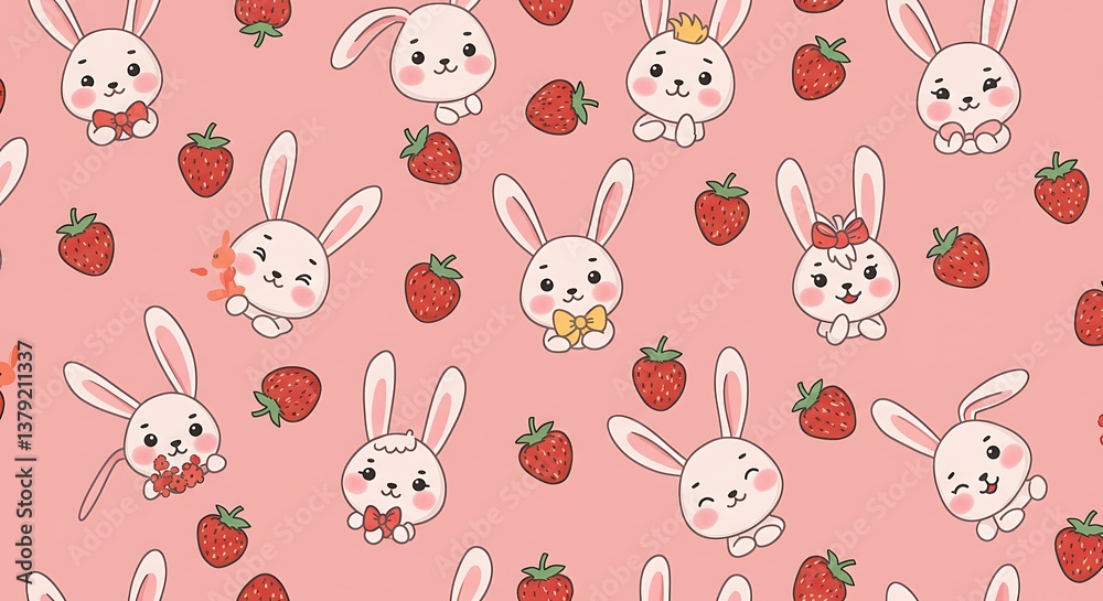 Fototapeta premium Sweet Bunny Strawberry Patch AI Generated