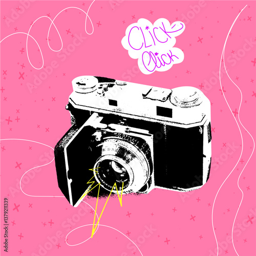 Photo shoot concept with vintage photo camera isolated on pink background, retro grunge, dotted halftone vector cut out collage