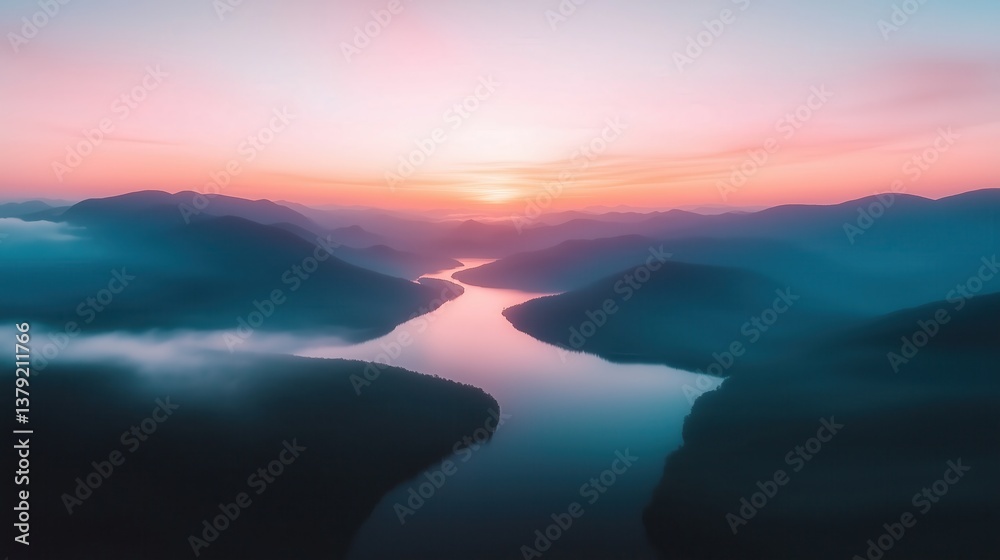 Fototapeta premium Stunning sunset over a tranquil river and rolling hills in the mountains