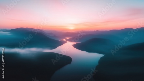 Stunning sunset over a tranquil river and rolling hills in the mountains