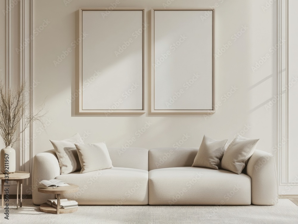 Fototapeta premium A white couch with pillows on it sits in a room with two empty picture frames on the wall