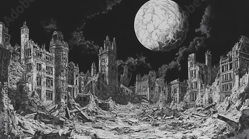 Devastated urban landscape in post-war europe: exploring cataclysmic cityscapes. Forsaken Realm. Illustration