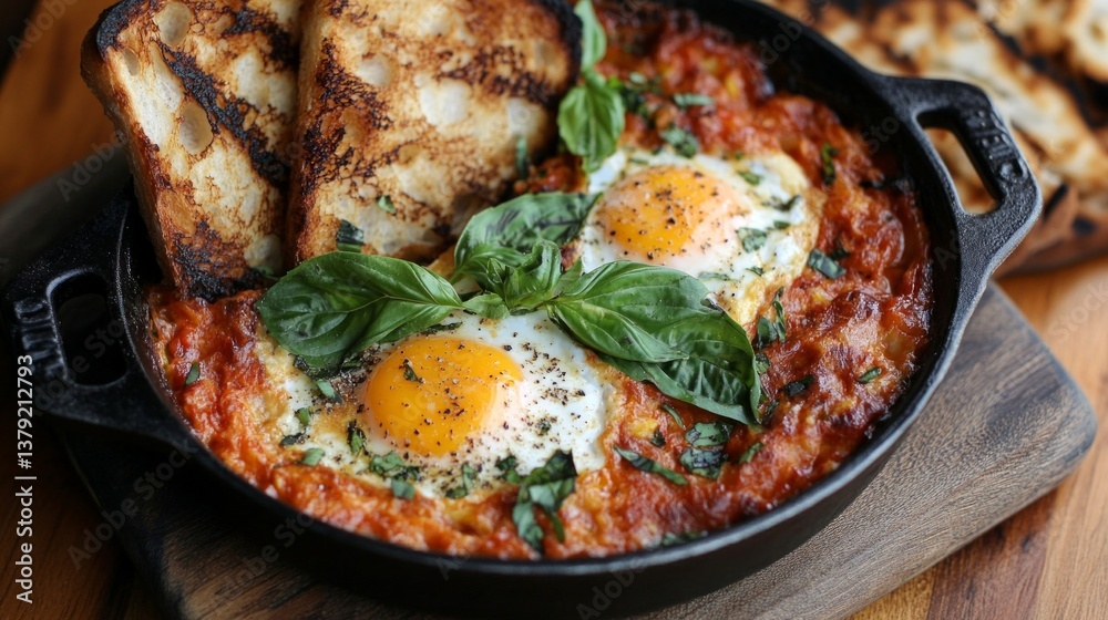 Baked Eggs with Tomato Sauce and Basil in Cast Iron Skillet