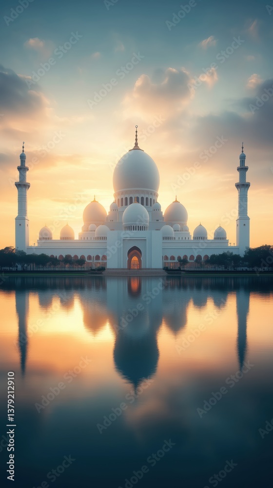 Fototapeta premium Majestic white mosque reflecting on a serene lake during sunset in a tranquil landscape
