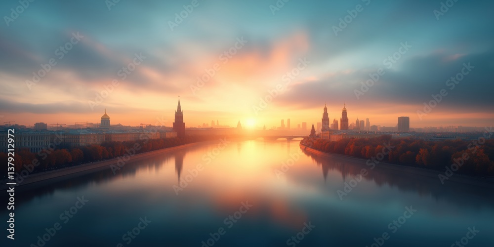 Captivating sunrise over the Moscow skyline reflecting on the river with architectural silhouettes at dawn Captivating sunrise over the Moscow skyline reflecting on the river with architectural silhouettes at dawn