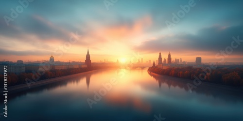 Captivating sunrise over the Moscow skyline reflecting on the river with architectural silhouettes at dawn