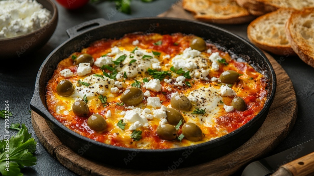 Mediterranean Shakshuka with Feta and Olives in Cast Iron Skillet Mediterranean Shakshuka with Feta and Olives in Cast Iron Skillet