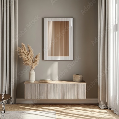 A white cabinet with a black frame and a picture of a woman in it. A vase with dried grass is on top of the cabinet