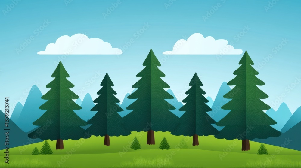 Fototapeta premium Lush Green Forest with Tall Pine Trees Against a Clear Blue Sky and Soft White Clouds in a Scenic Landscape