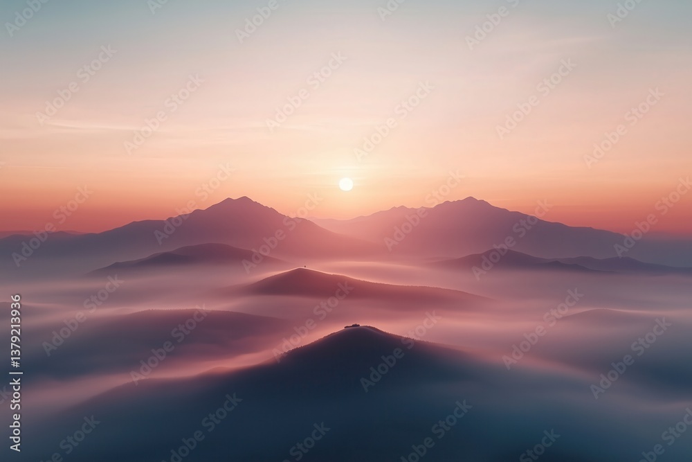 Sunrise over misty mountains creates a breathtaking view with soft colors in the sky at dawn Sunrise over misty mountains creates a breathtaking view with soft colors in the sky at dawn