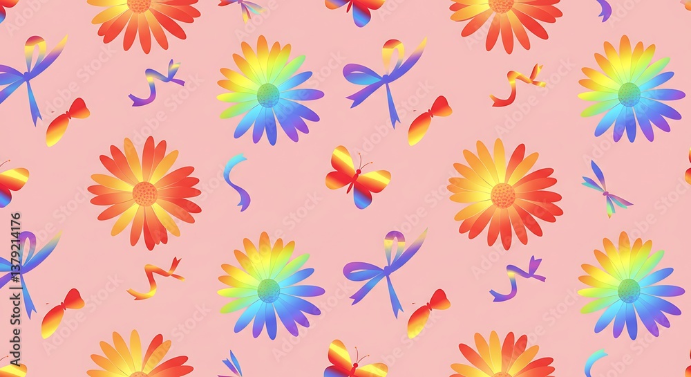 Rainbow Daisies And Dragonflies Pastel Delightful Pattern AI Generated Rainbow Daisies And Dragonflies Pastel Delightful Pattern AI Generated