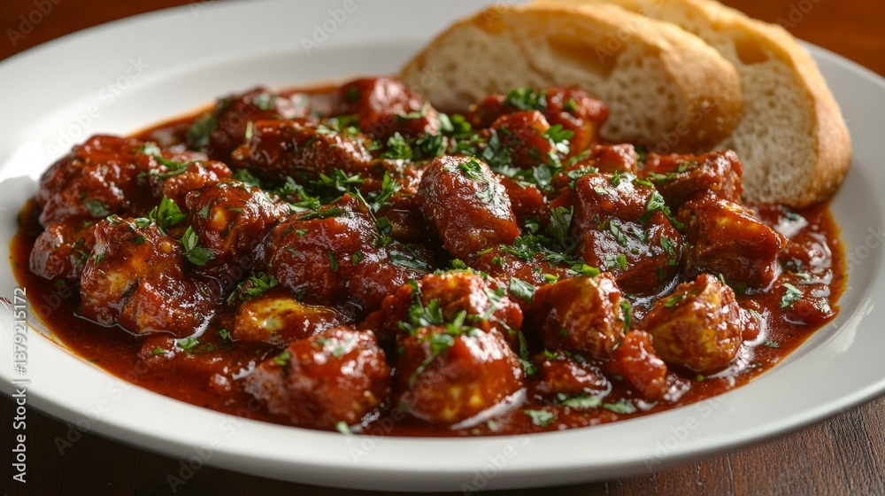 Red Meat Stew with Crusty Bread on White Plate Red Meat Stew with Crusty Bread on White Plate