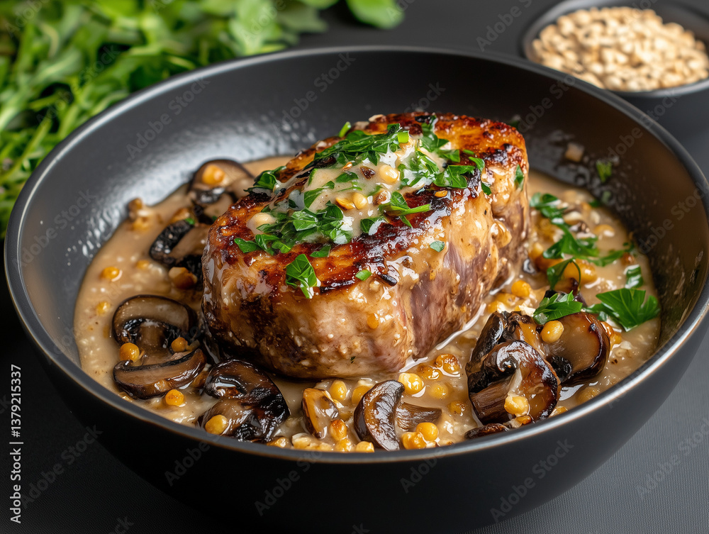 Seared pork tenderloin with mushroom cream sauce and pearl barley