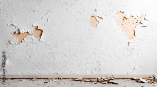 Damaged drywall with peeling paint and debris on floor
