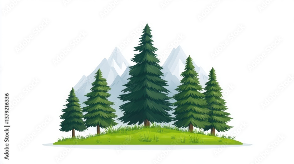 Fototapeta premium Scenic Illustration of Forest Landscape with Tall Pine Trees and Majestic Mountains in Background