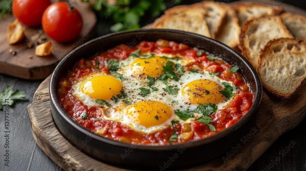 Fototapeta premium Shakshuka Eggs with Tomatoes and Bread