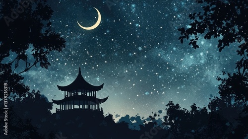A peaceful scene of a mosque silhouette with a glowing crescent moon in the background, under a starry sky