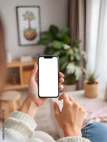 Mockup image of a woman holding mobile phone with blank desktop white screen at home