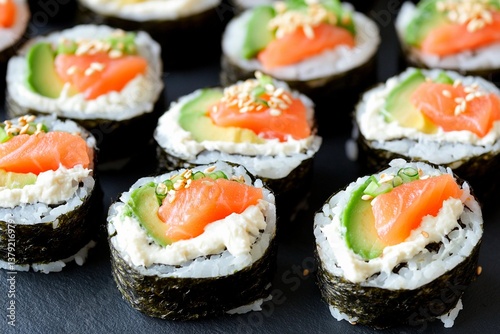 Wallpaper Mural Colorful sushi rolls filled with salmon, avocado, and cream cheese are neatly arranged on a dark plate, garnished with sesame seeds for a pop of flavor and texture Torontodigital.ca