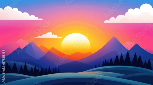 Vibrant Sunset Over Majestic Mountains with Colorful Sky and Silhouetted Pine Trees in a Scenic Landscape