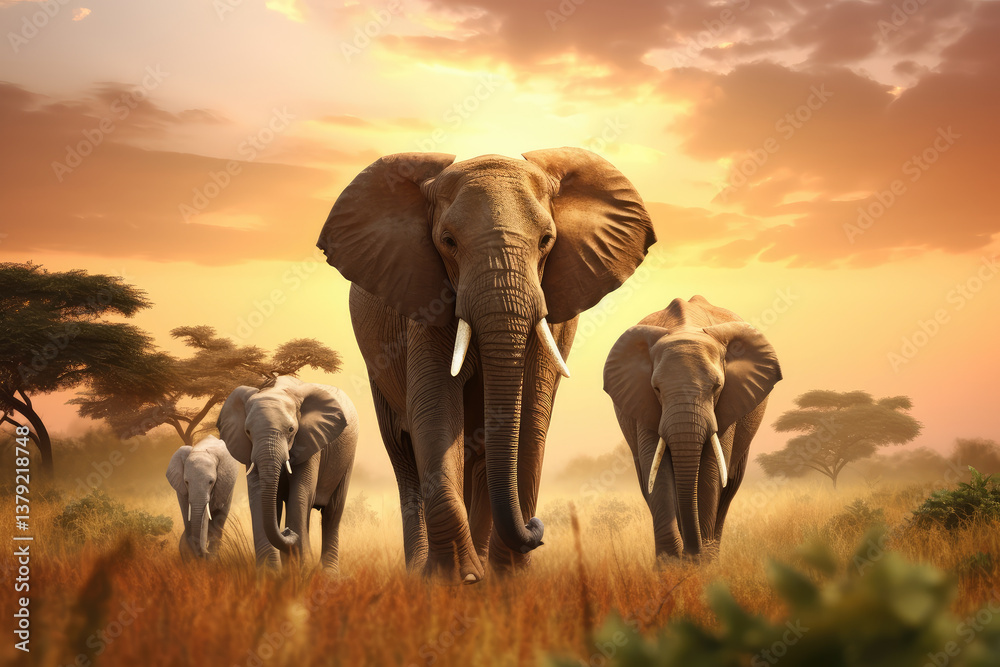 Fototapeta premium Majestic Elephant Family Roaming the African Savannah