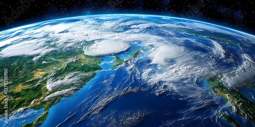Earth From Space with Storms Over Asia, Globe View from Orbit, Planetary Weather