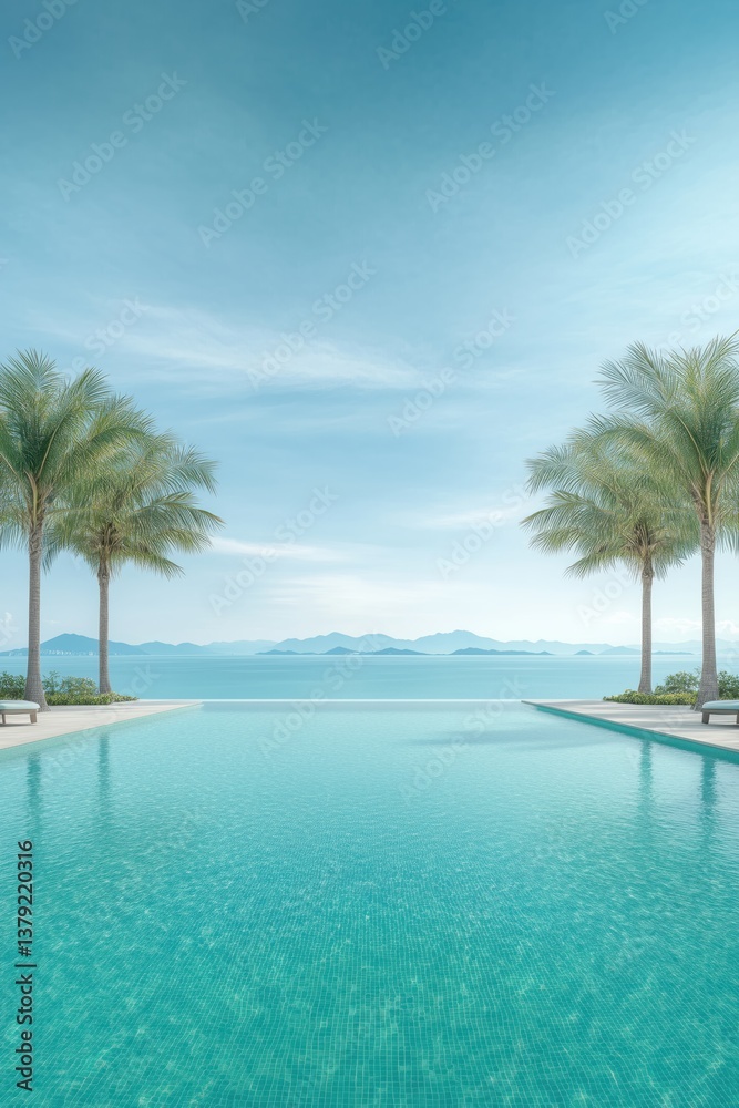 Fototapeta premium Stunning view of a serene infinity pool surrounded by palm trees and a tranquil ocean landscape at dawn