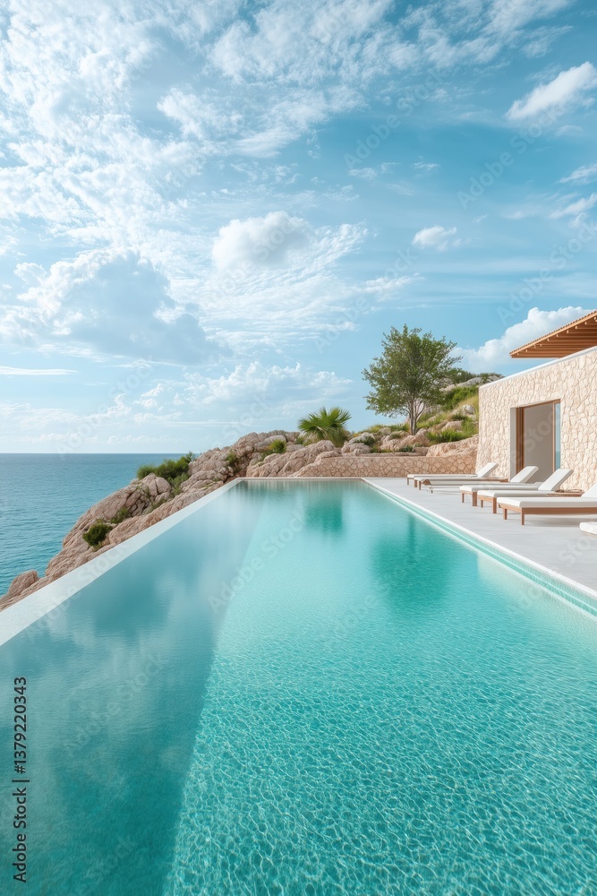Fototapeta premium Stunning infinity pool overlooking the ocean with rocky landscape and clear blue skies