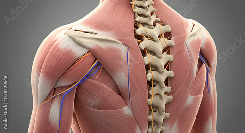 Human Cervical Spine, Muscles, and Blood Vessels Anatomy Illustration