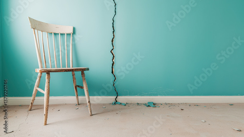 Earthquake crack damage concept, worn wooden chair beside cracked turquoise wall in empty room