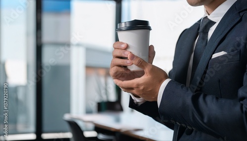 ビジネスマンの手元に映るコーヒーカップ、洗練されたオフィスの雰囲気を演出

