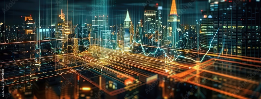 Modern Cityscape with Financial Data Overlay Modern Cityscape with Financial Data Overlay