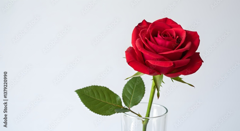 Fototapeta premium Single Red Rose in Clear Vase on White Background