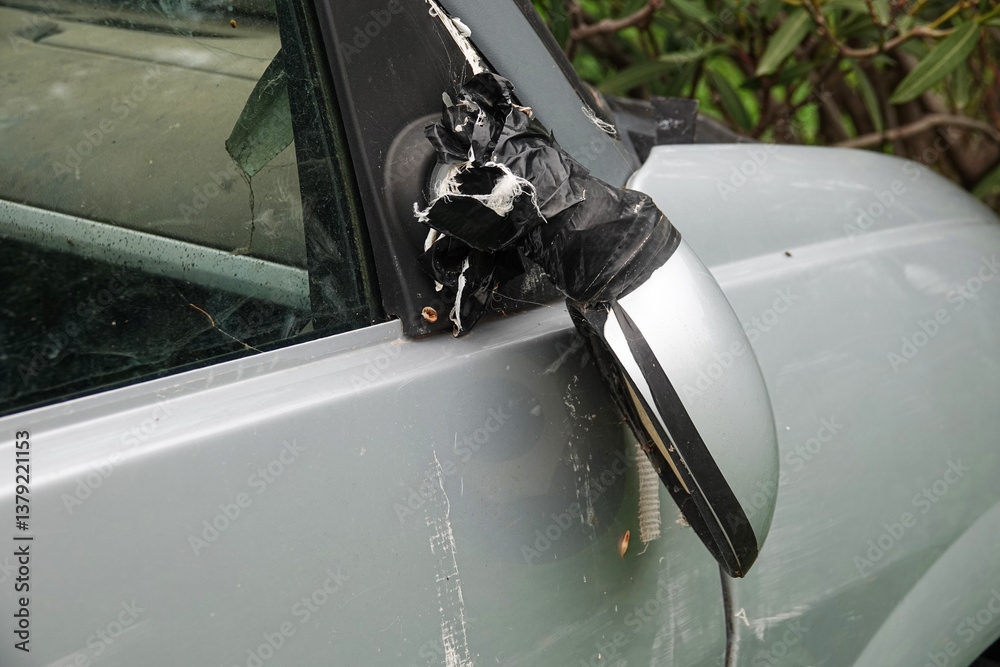 A side mirror of a silver car is severely damaged and held together with black tape.
